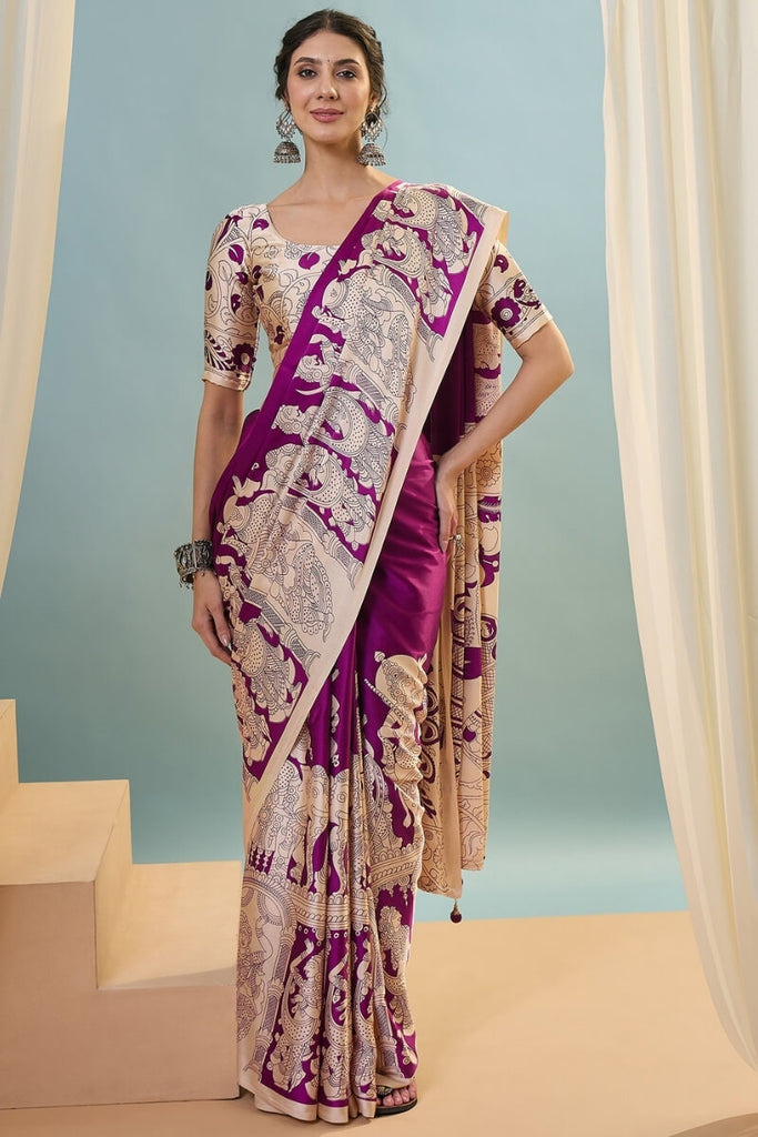 Seance Purple Ajrakh Printed Satin Silk Saree