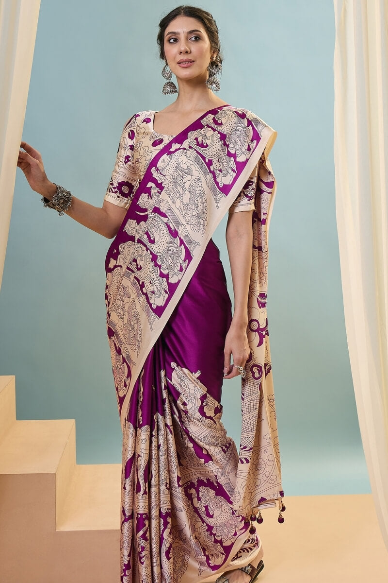 Seance Purple Ajrakh Printed Satin Silk Saree