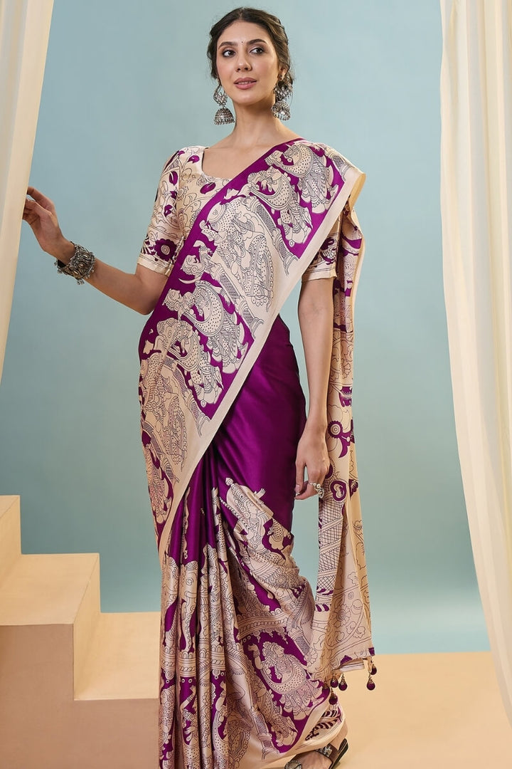 Seance Purple Ajrakh Printed Satin Silk Saree