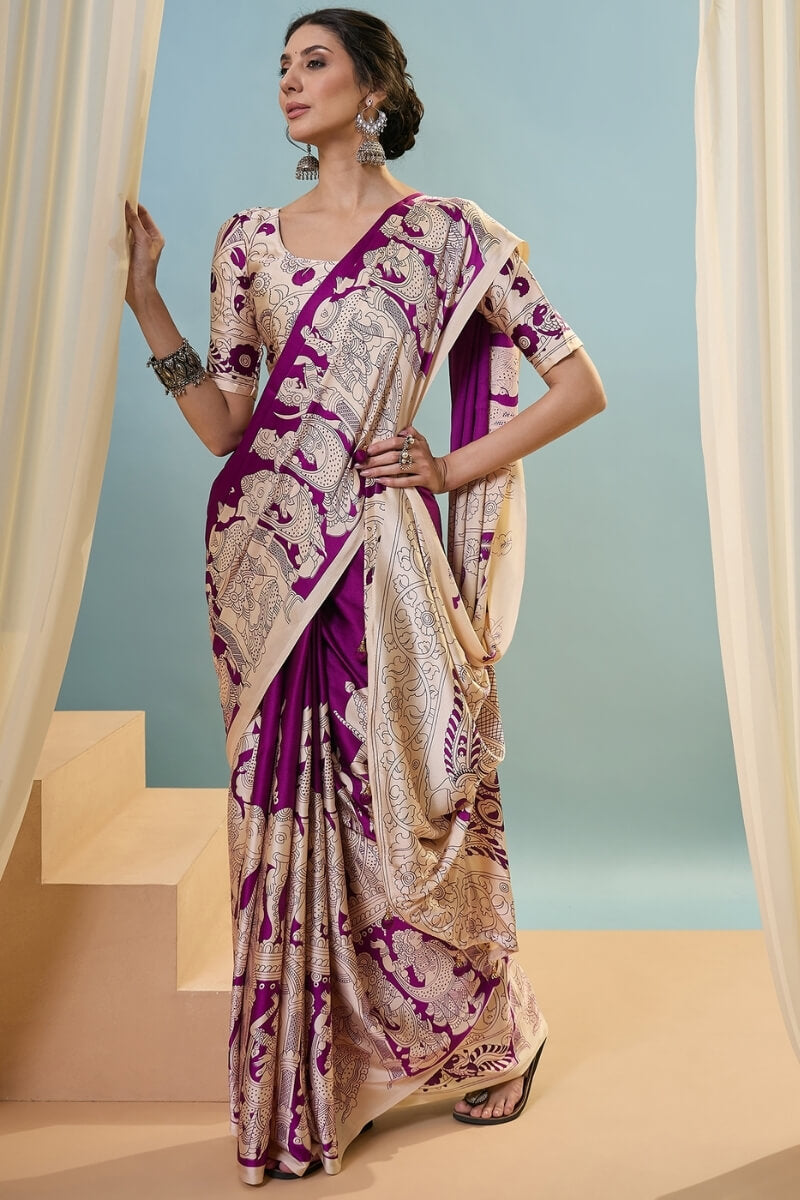 Seance Purple Ajrakh Printed Satin Silk Saree