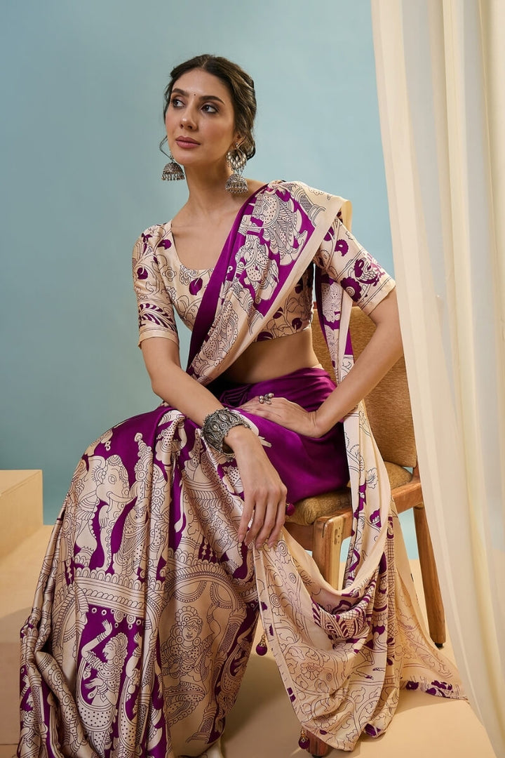 Seance Purple Ajrakh Printed Satin Silk Saree