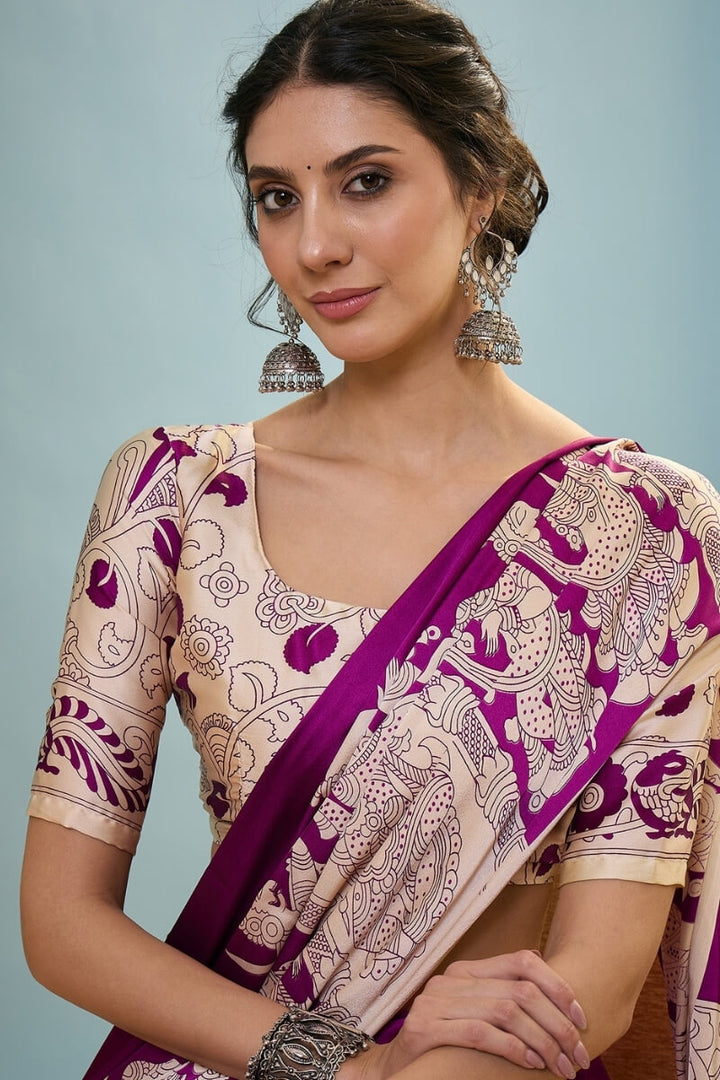Seance Purple Ajrakh Printed Satin Silk Saree