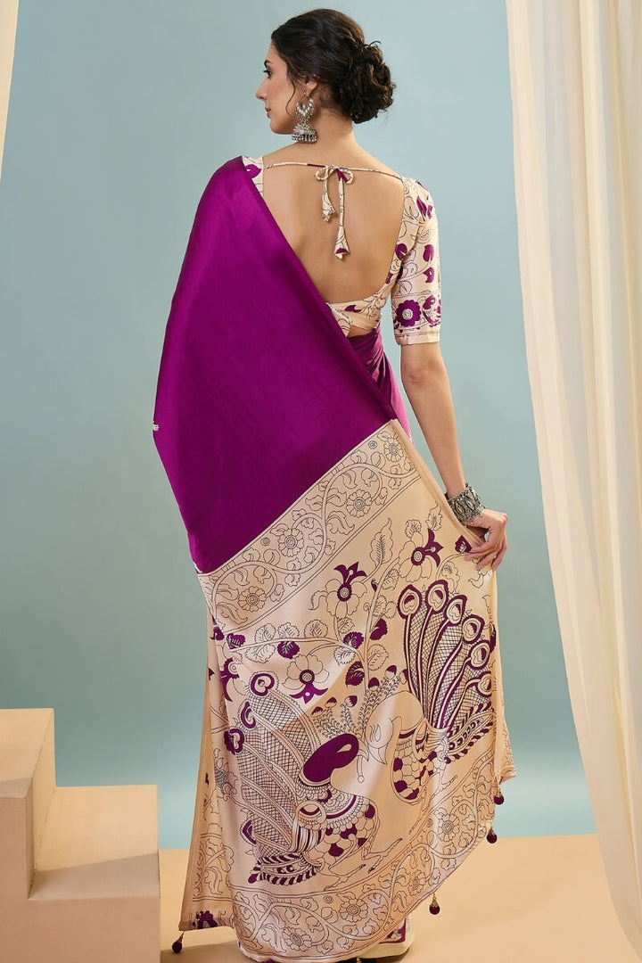 Seance Purple Ajrakh Printed Satin Silk Saree