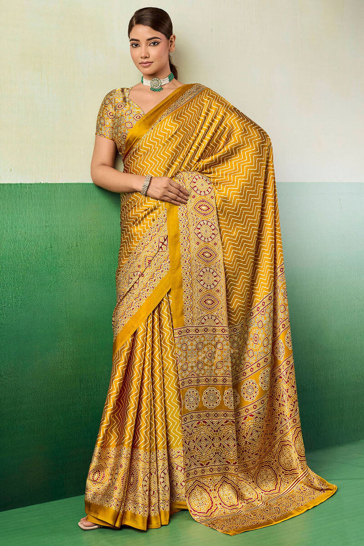 Selective Yellow Ajrakh Printed Satin Silk Saree