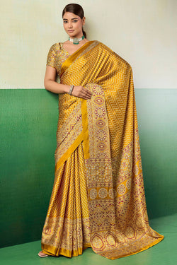 Selective Yellow Ajrakh Printed Satin Silk Saree
