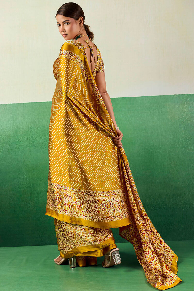 Selective Yellow Ajrakh Printed Satin Silk Saree