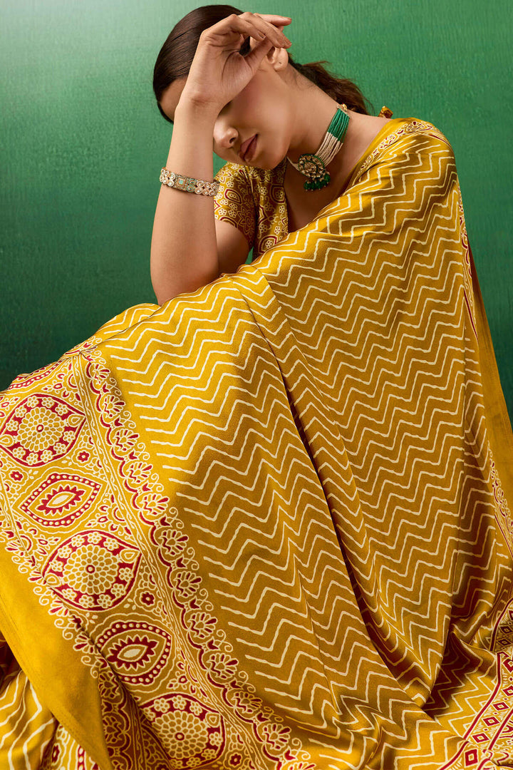 Selective Yellow Ajrakh Printed Satin Silk Saree