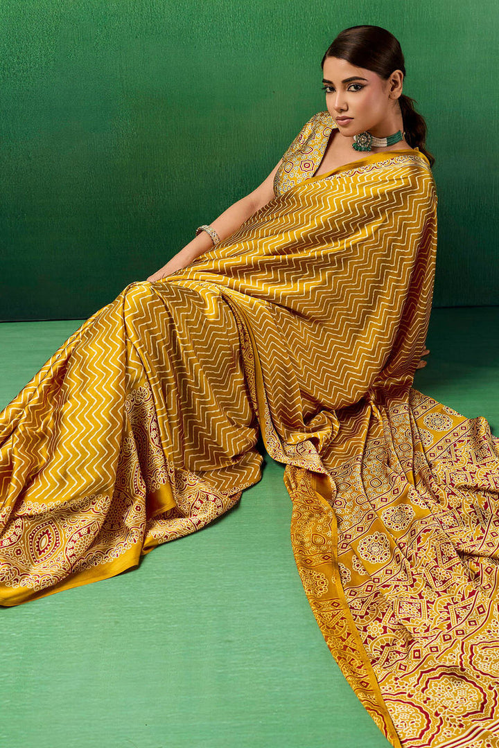Selective Yellow Ajrakh Printed Satin Silk Saree