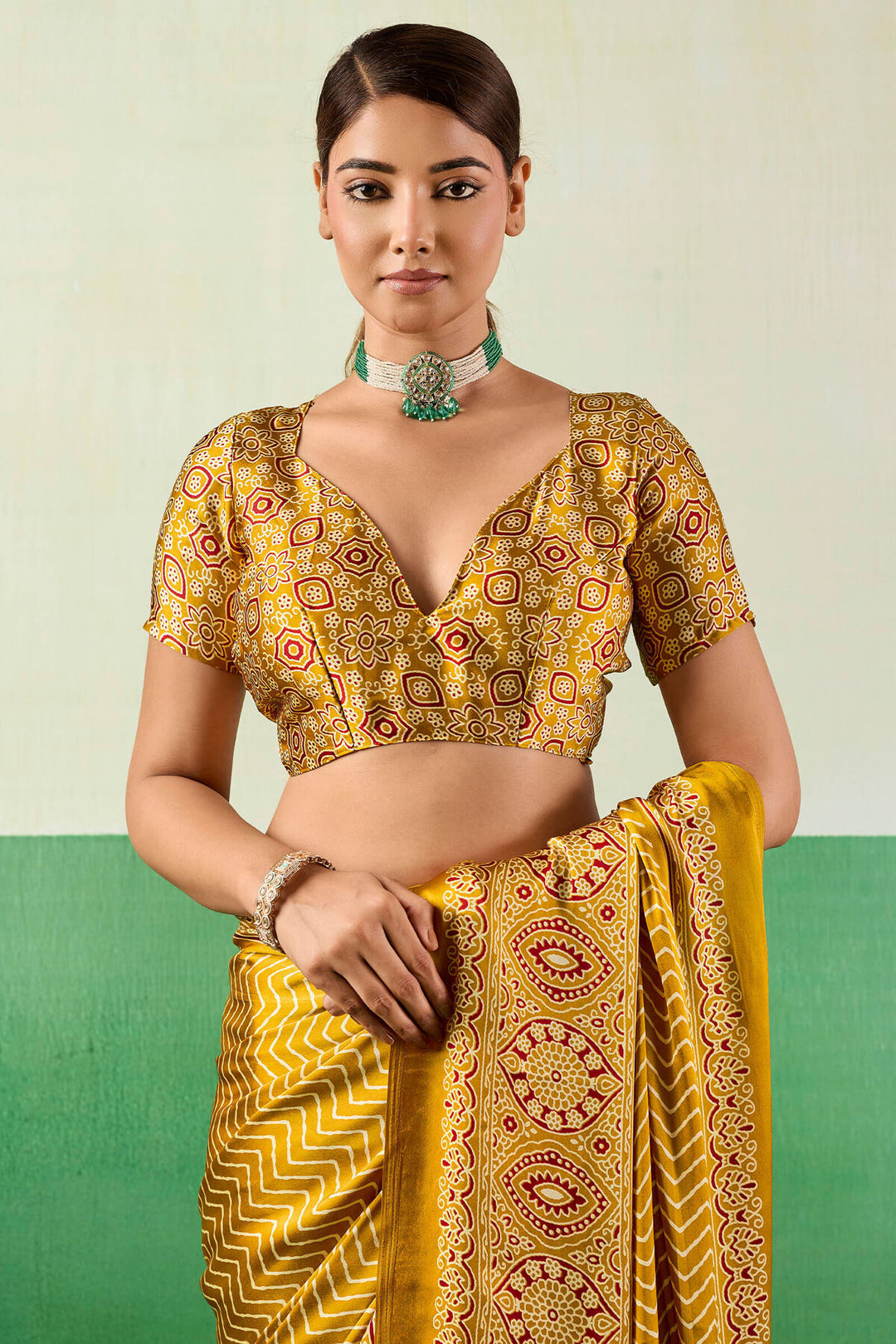 Selective Yellow Ajrakh Printed Satin Silk Saree