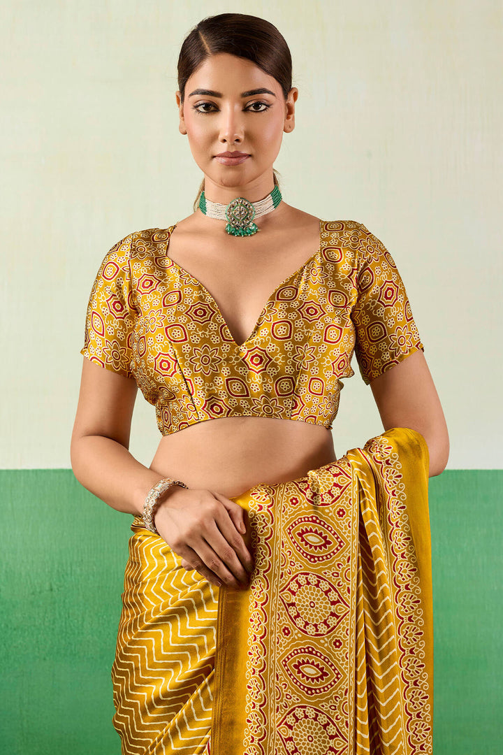 Selective Yellow Ajrakh Printed Satin Silk Saree