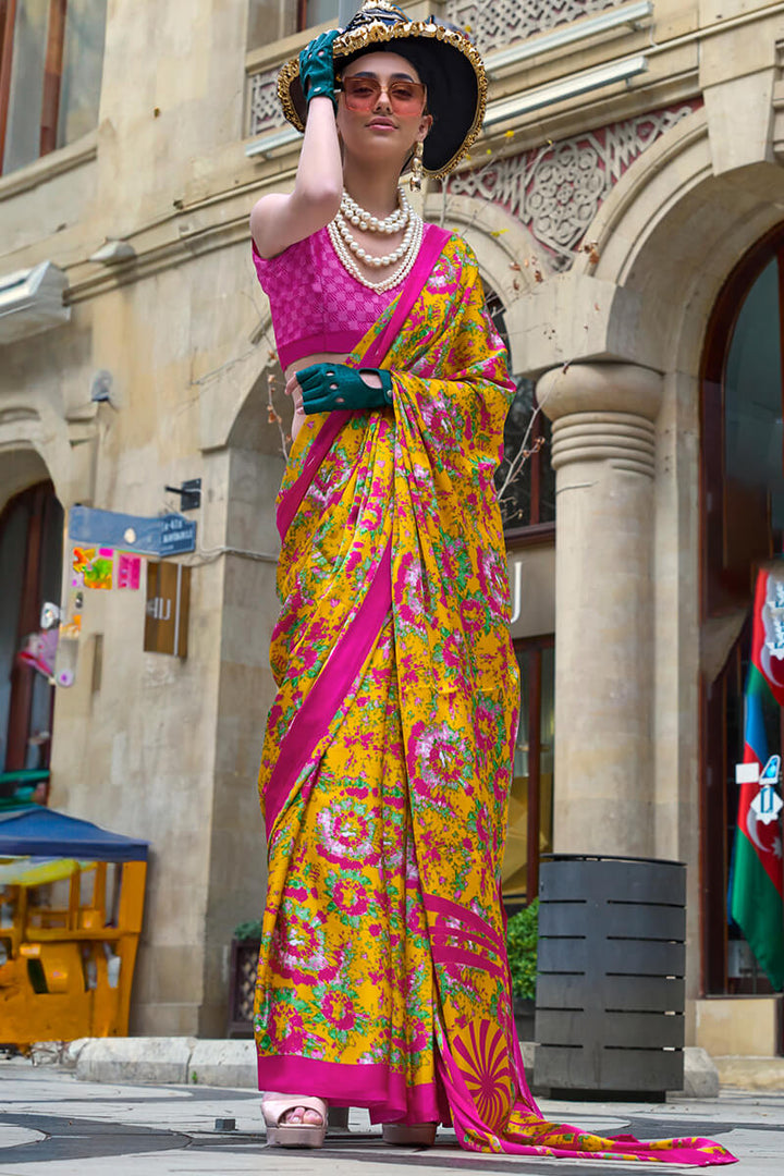 Selective Yellow Printed Satin Silk Saree