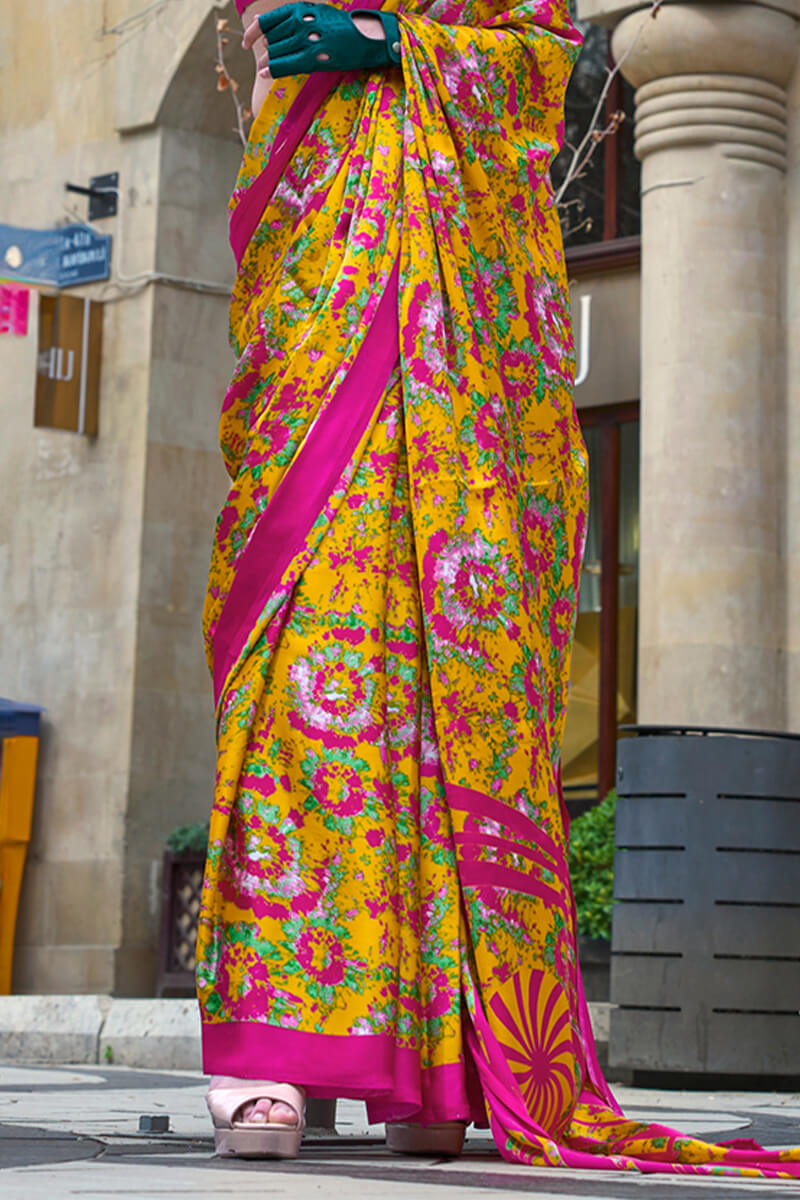 Selective Yellow Printed Satin Silk Saree