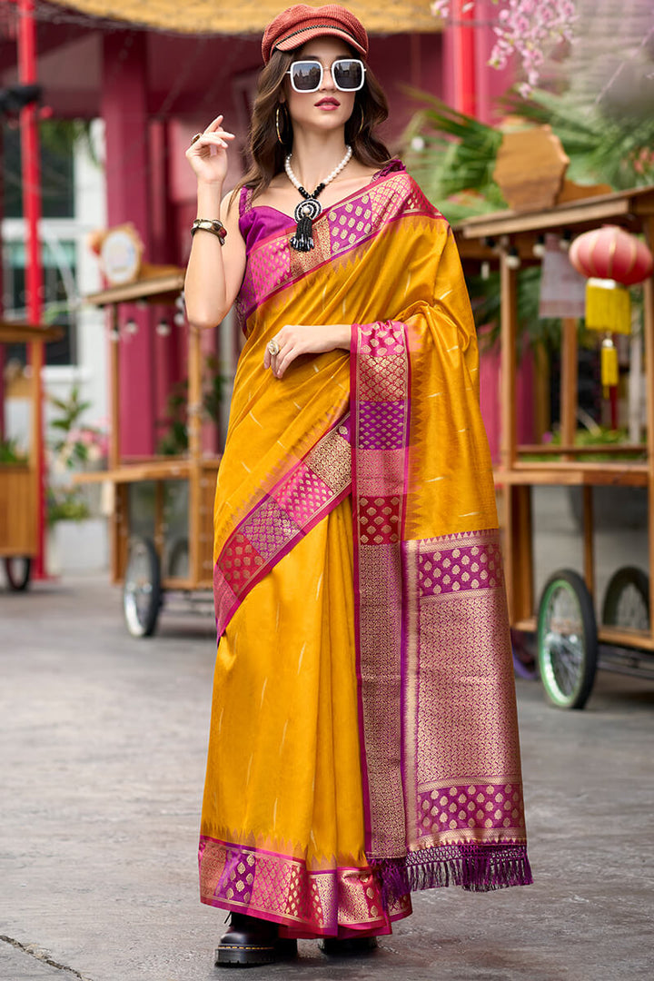 Selective Yellow Woven Soft Banarasi Silk Saree