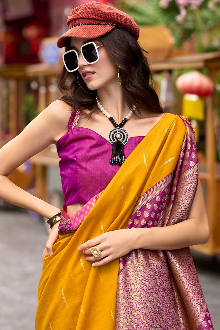 Selective Yellow Woven Soft Banarasi Silk Saree