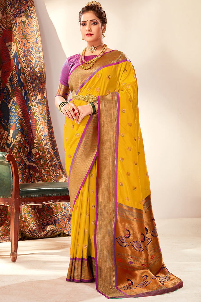 Selective Yellow Zari Woven Paithani Silk Saree