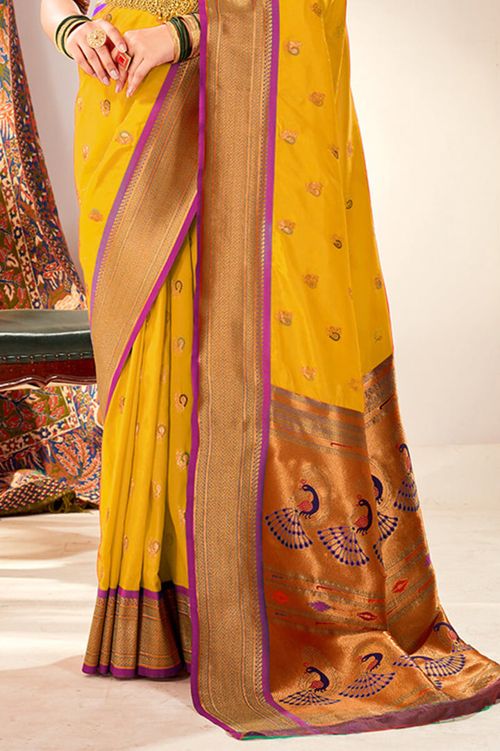 Selective Yellow Zari Woven Paithani Silk Saree