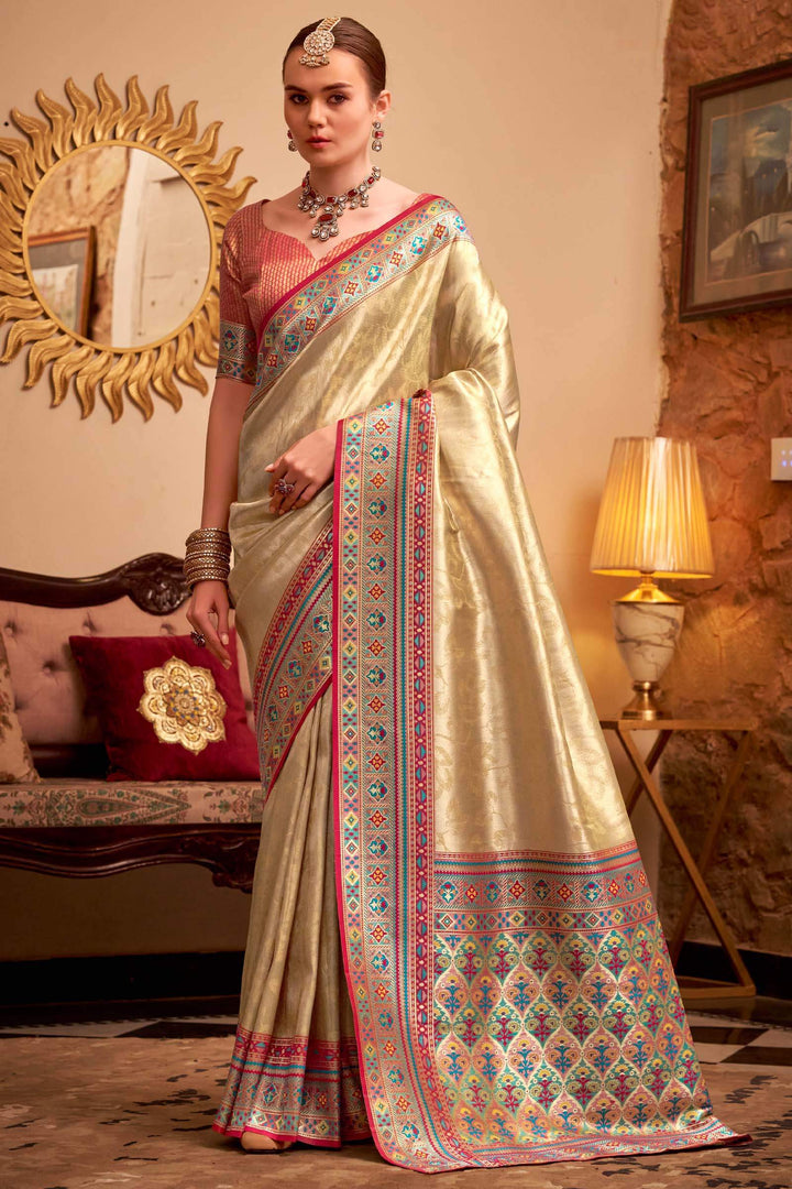 Sepia Beige Banarasi Tissue Silk Saree