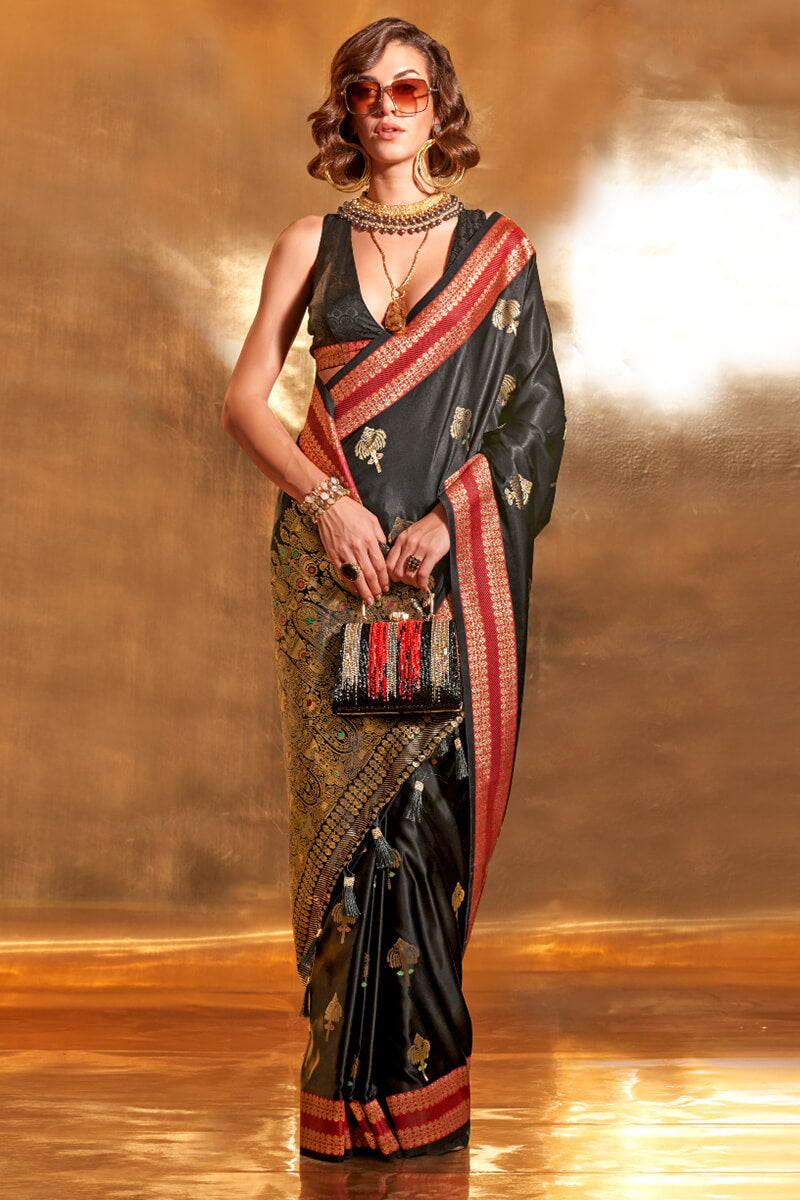 Sepia Black Banarasi Satin Silk Saree