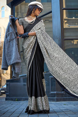 Sepia Black Printed Satin Silk Saree