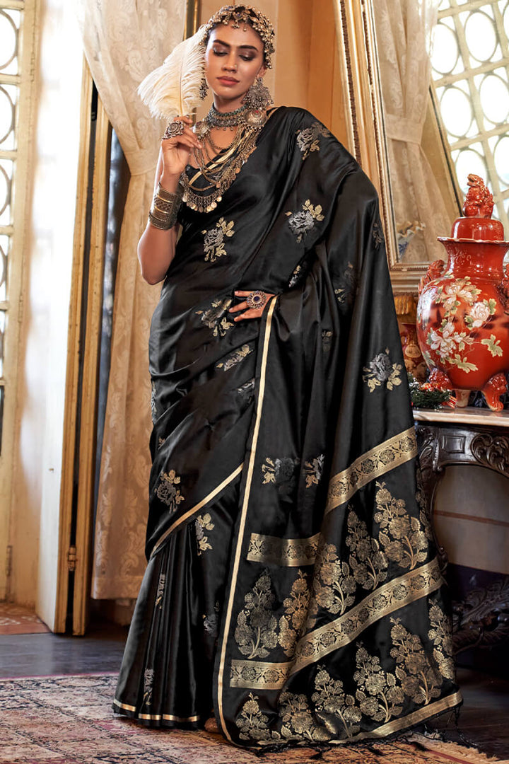 Sepia Black Zari Woven Banarasi Satin Silk Saree