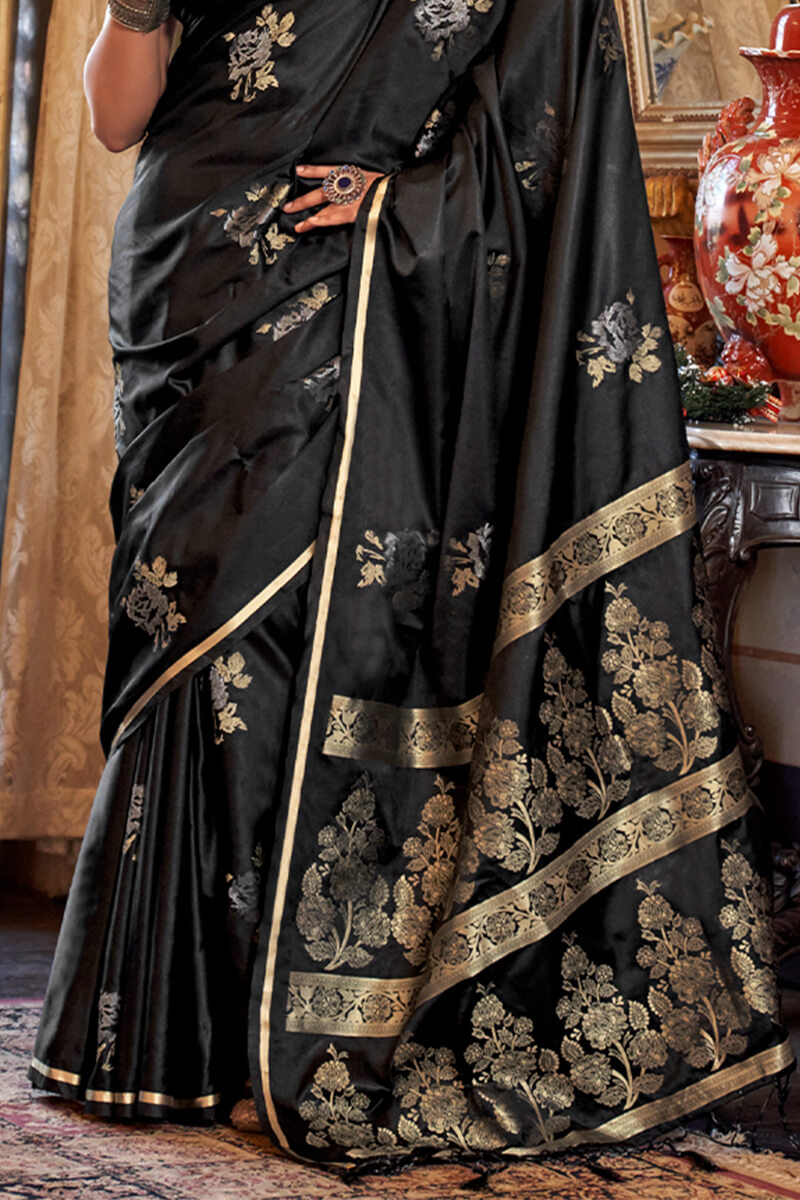 Sepia Black Zari Woven Banarasi Satin Silk Saree