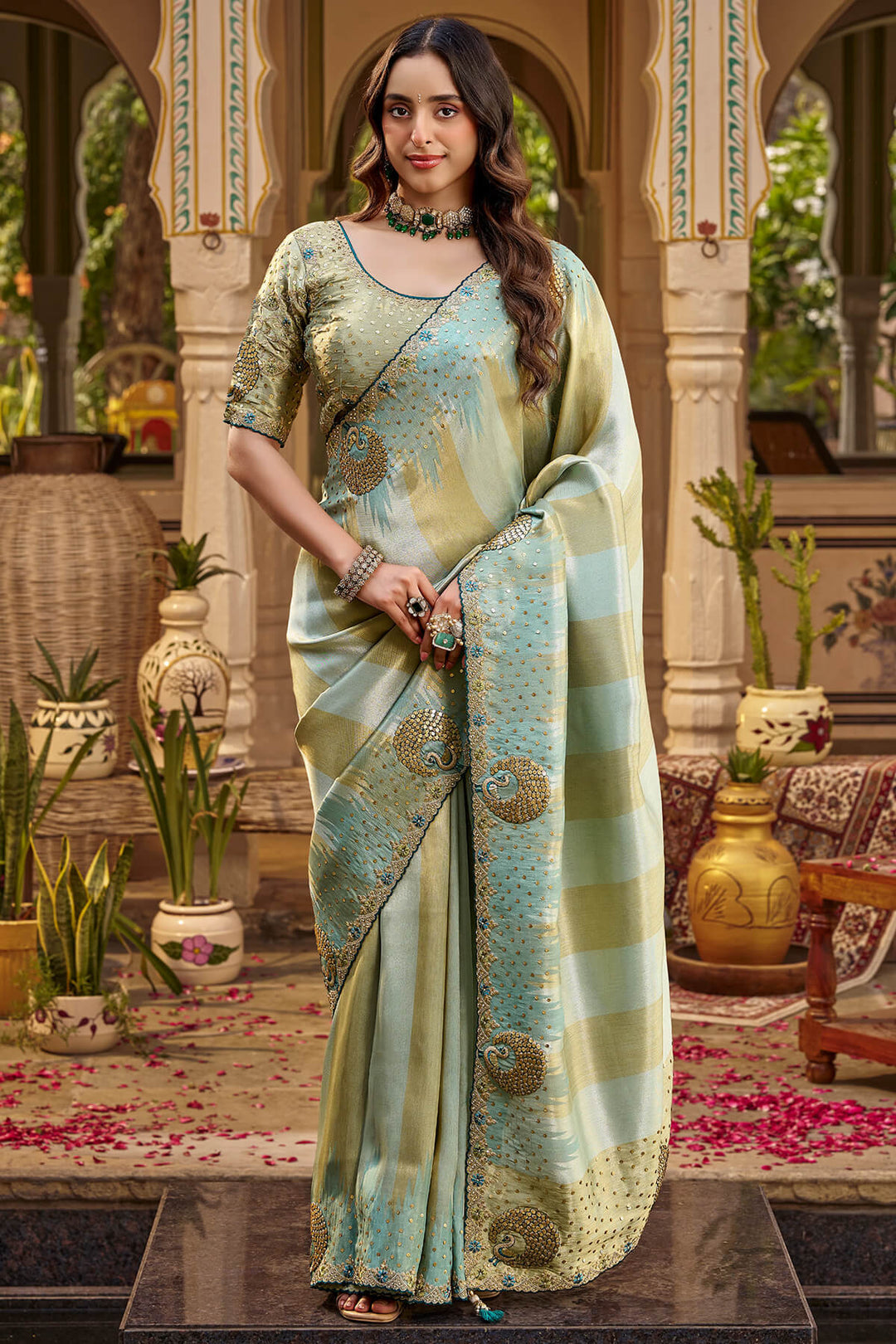 Shadow Green Hand Work Viscose Saree with Stiched Blouse