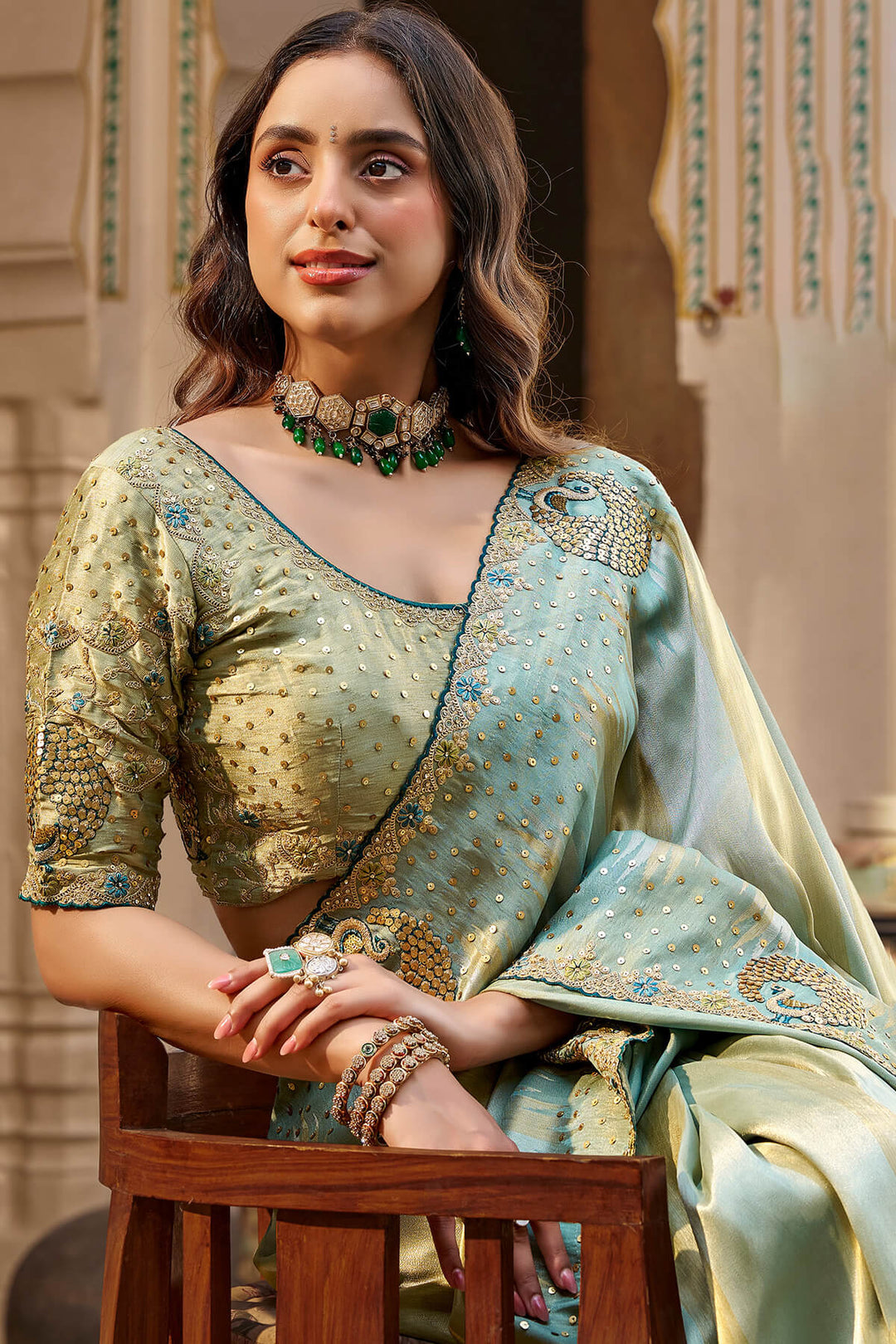Shadow Green Hand Work Viscose Saree with Stiched Blouse