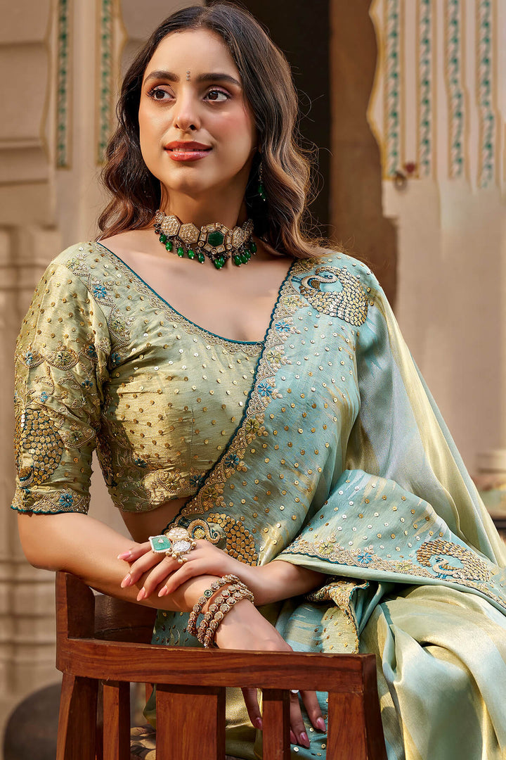 Shadow Green Hand Work Viscose Saree with Stiched Blouse