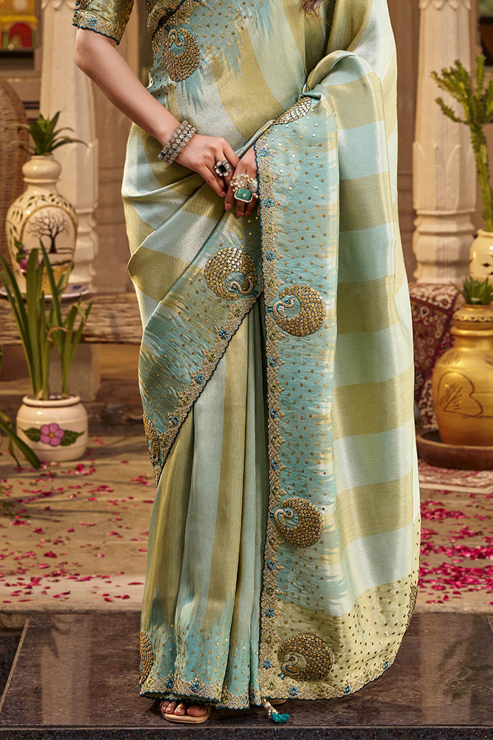 Shadow Green Hand Work Viscose Saree with Stiched Blouse