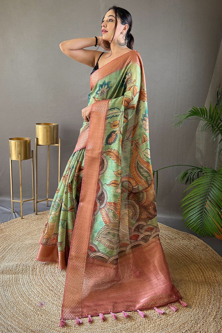 Shadow Green Kalamkari Printed Tussar silk Saree