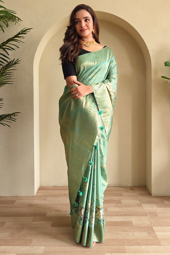 Shadow Green Viscose Georgette Printed Banarasi Silk saree