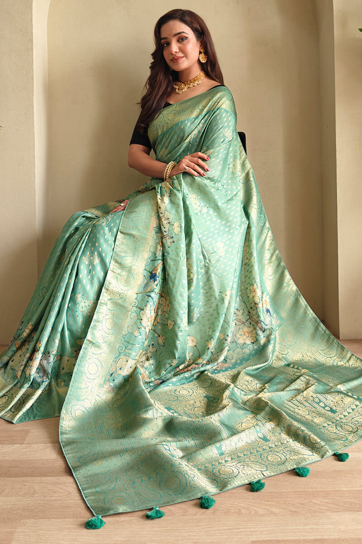 Shadow Green Viscose Georgette Printed Banarasi Silk saree