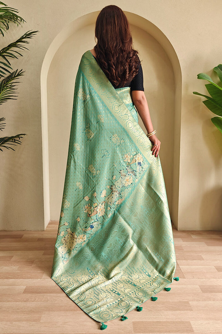 Shadow Green Viscose Georgette Printed Banarasi Silk saree
