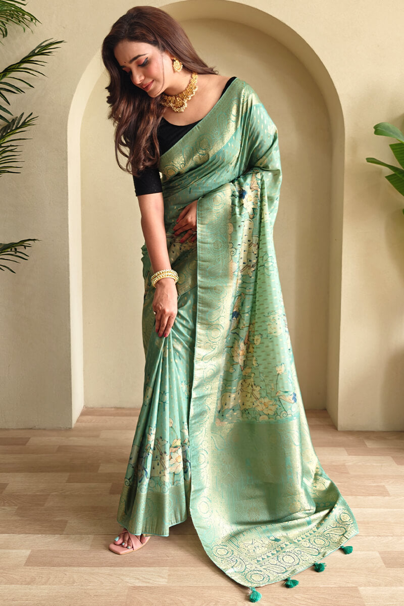 Shadow Green Viscose Georgette Printed Banarasi Silk saree