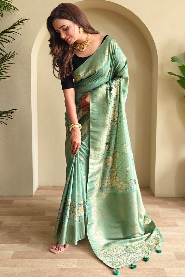 Shadow Green Viscose Georgette Printed Banarasi Silk saree