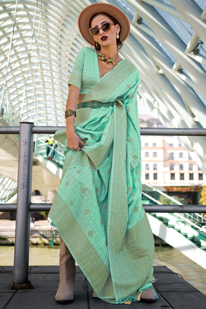 Shadow Green Zari woven Banarasi Katan Silk Saree