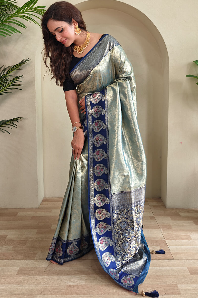 Shadow Green Zari Woven Kanjivaram Silk Saree