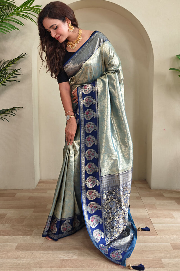 Shadow Green Zari Woven Kanjivaram Silk Saree