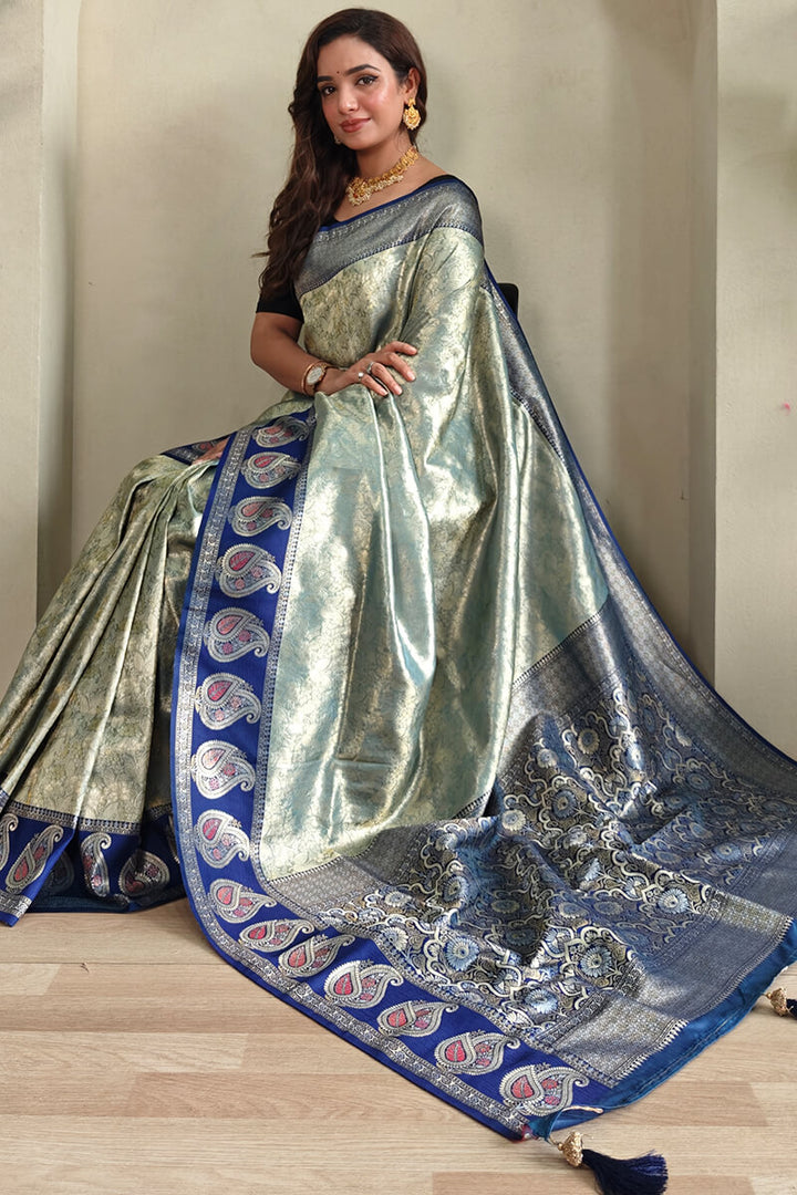 Shadow Green Zari Woven Kanjivaram Silk Saree