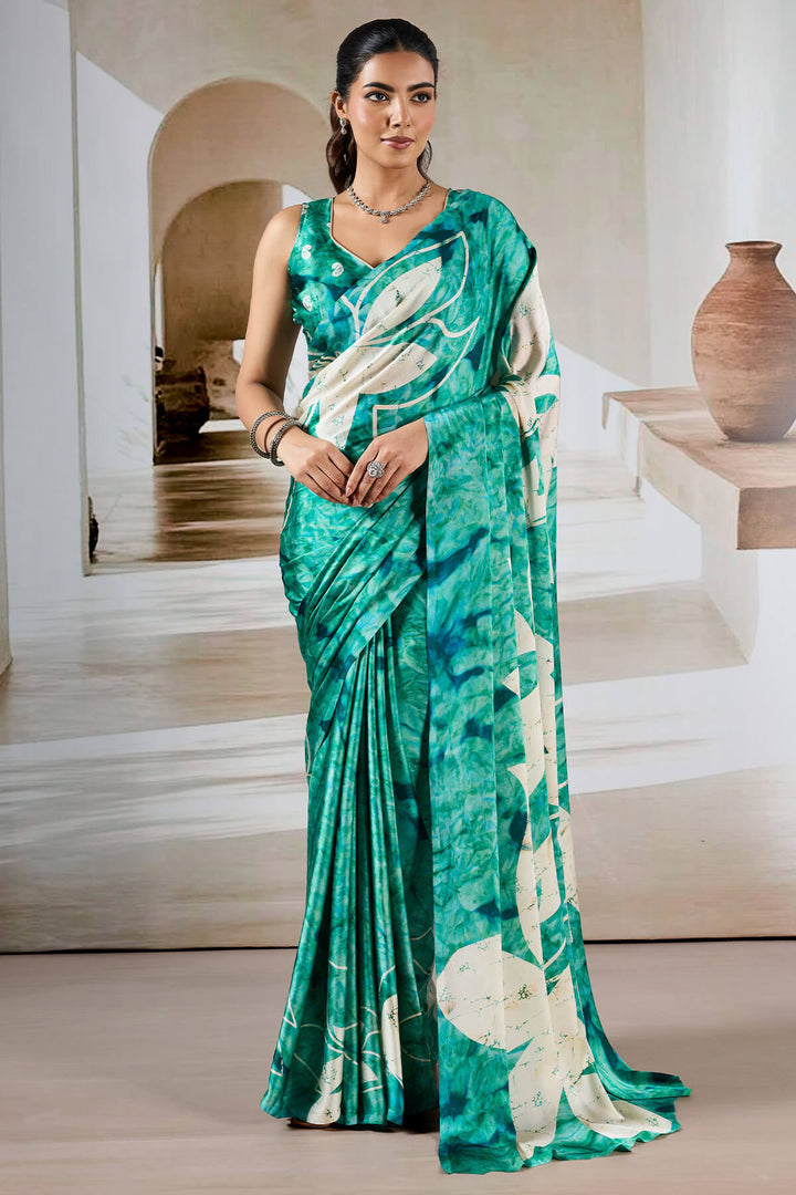 Shamrock Green Hand Prism Printed Satin Silk Saree