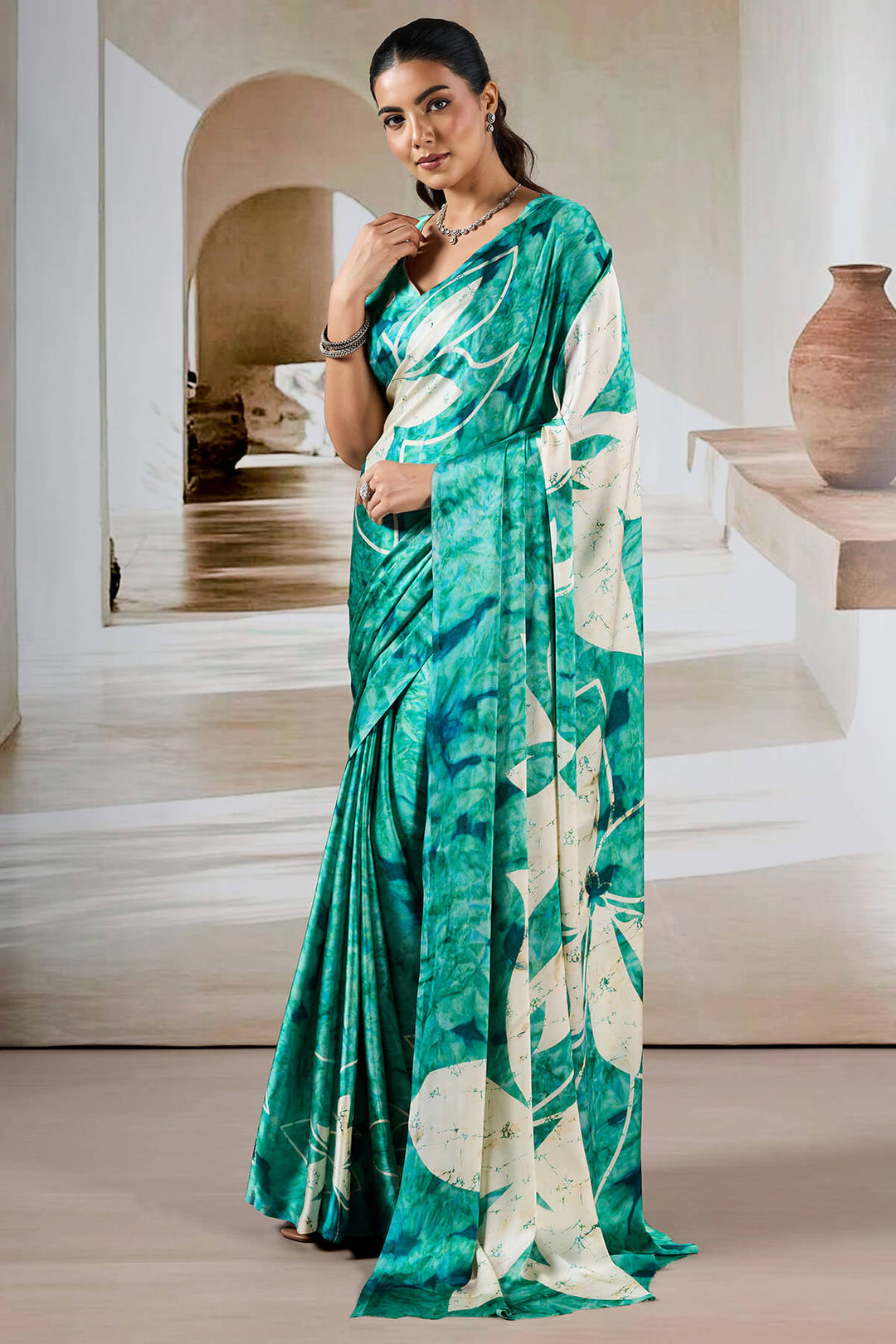 Shamrock Green Hand Prism Printed Satin Silk Saree