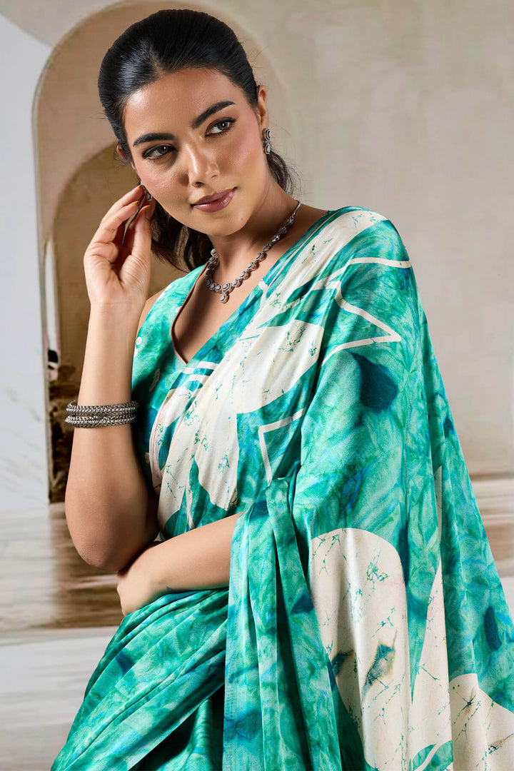 Shamrock Green Hand Prism Printed Satin Silk Saree
