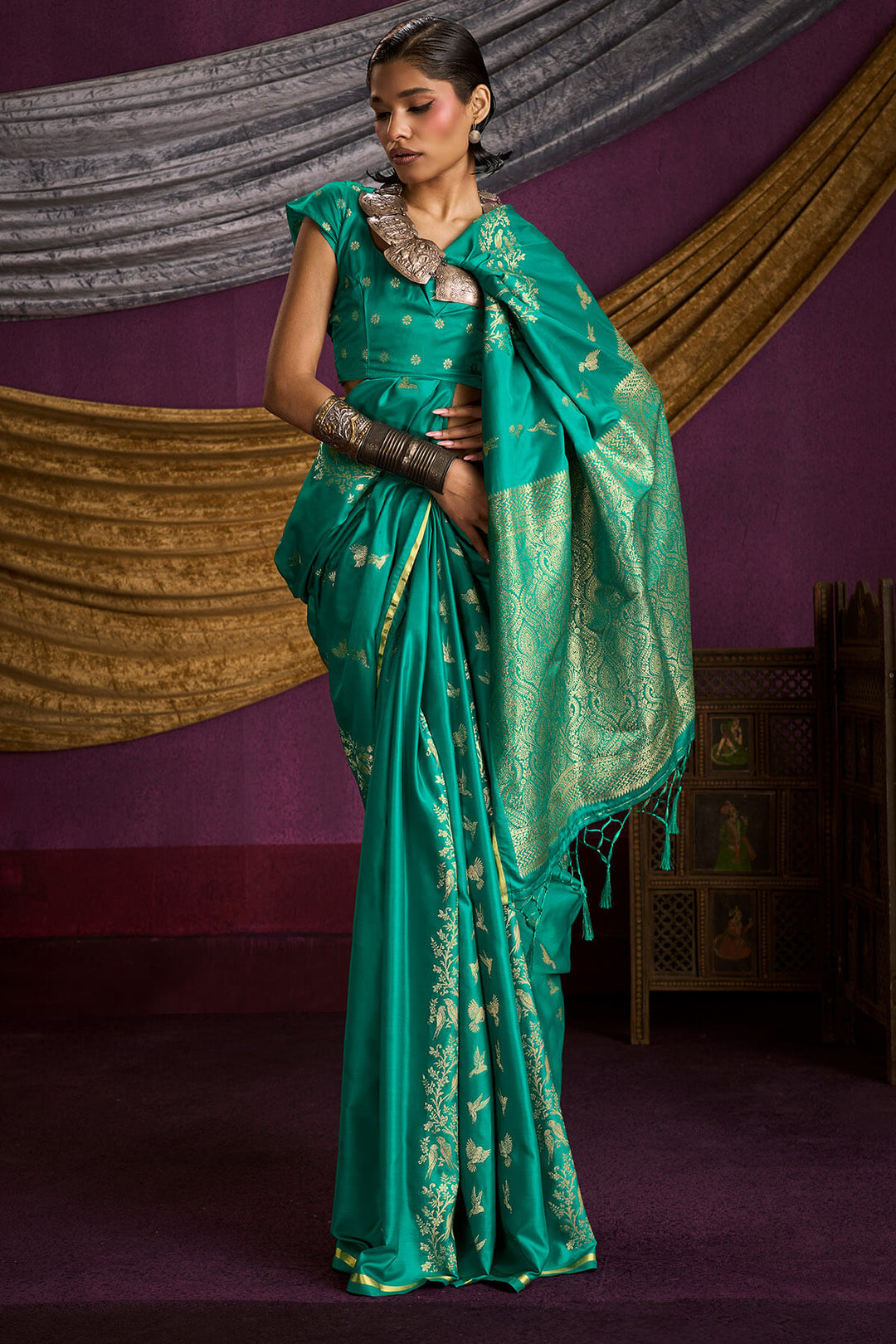 Shamrock Green Zari Woven Banarasi Satin Silk Saree