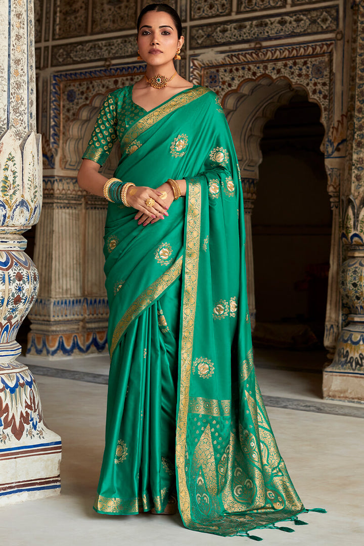 Shamrock Green Zari Woven Pure Satin Silk Saree