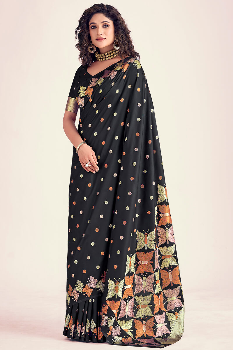 Shark Black Zari Woven Soft Banarasi Silk Saree