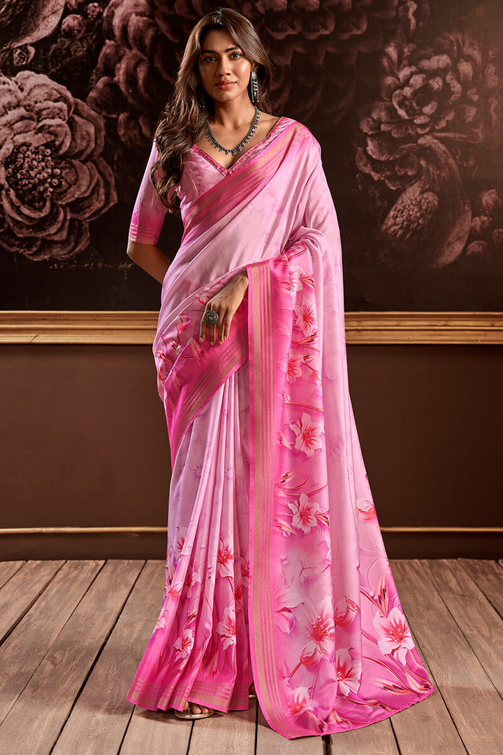 Sherbet Pink Floral Printed Silk Saree