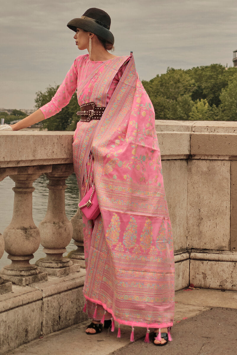 Sherbet Pink Kashmiri Modal Organza Silk Saree