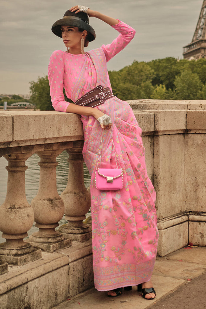 Sherbet Pink Kashmiri Modal Organza Silk Saree
