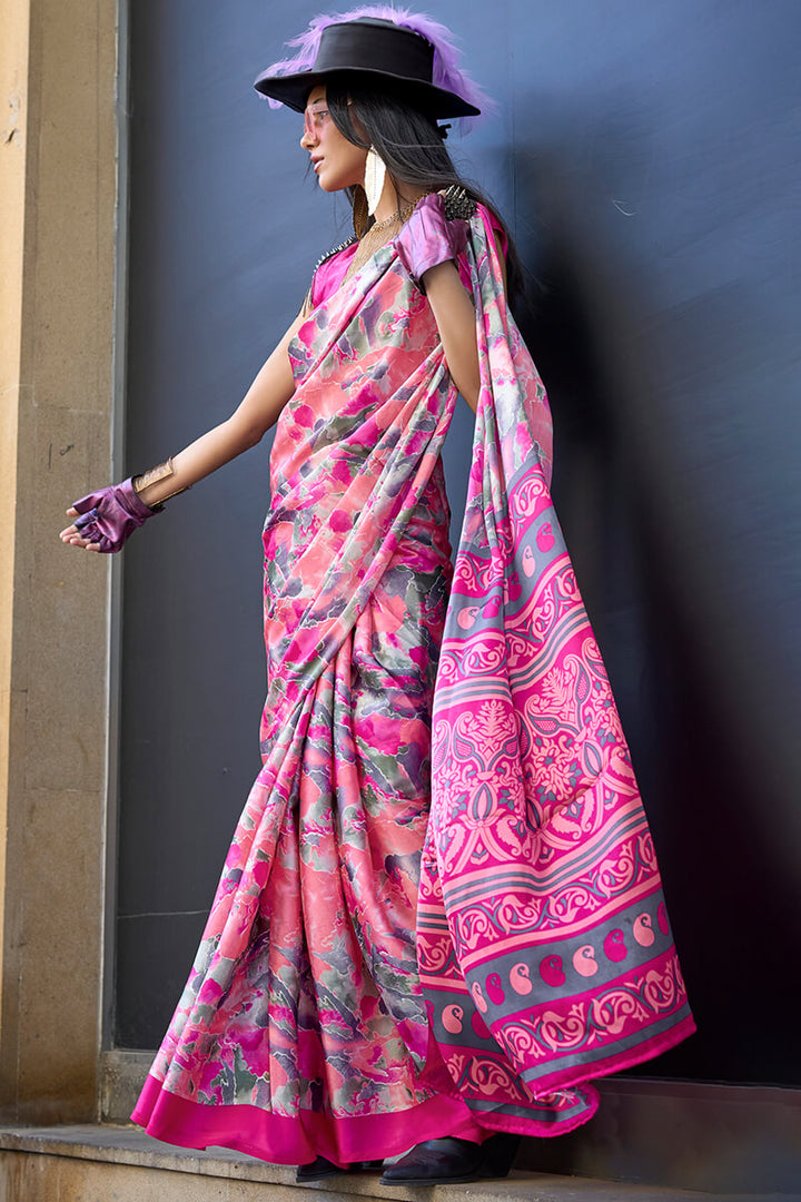 Sherbet Pink Printed Satin Silk Saree