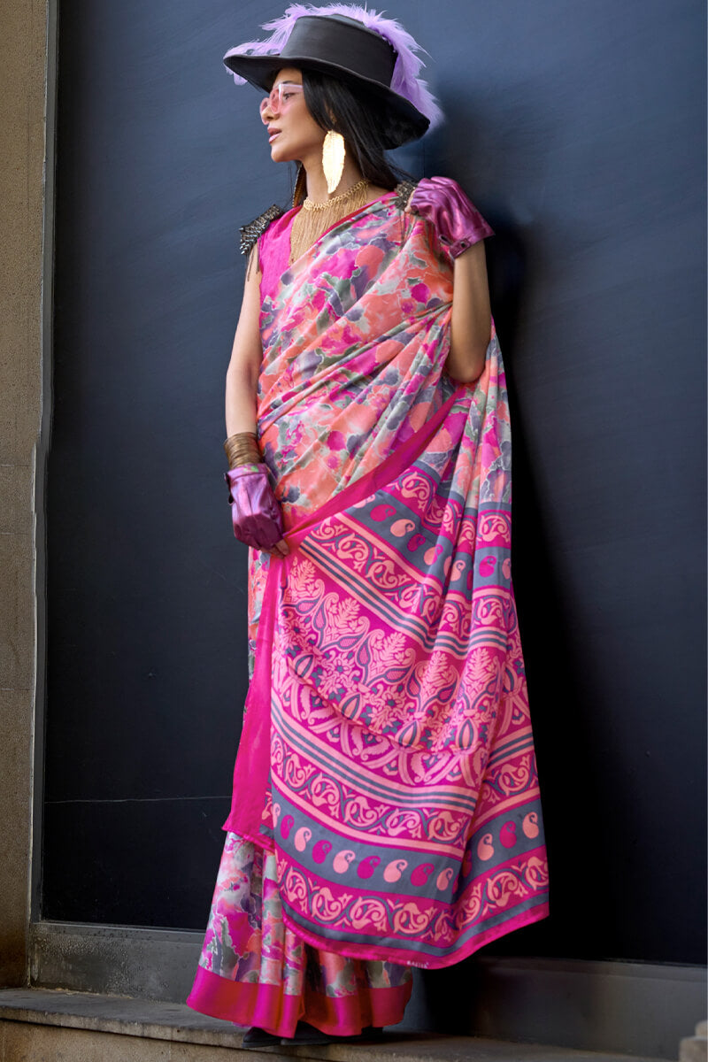 Sherbet Pink Printed Satin Silk Saree